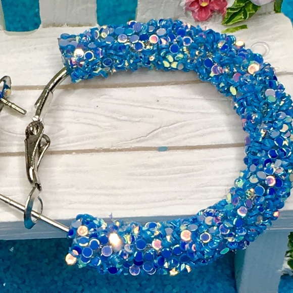 Sparkling Blue Hoop Earrings - Picture 6 of 6